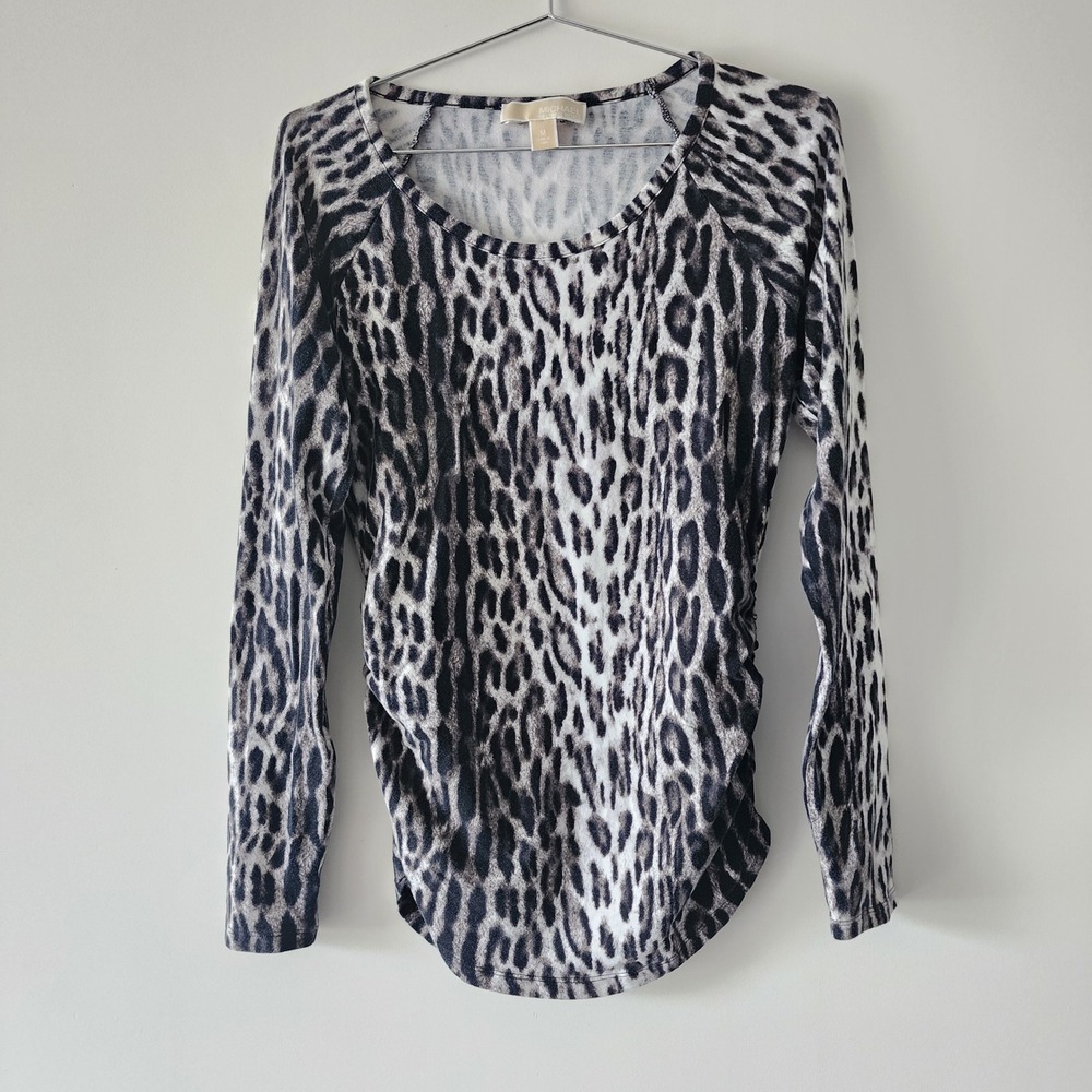 Michael Kors Top Womens Medium Grey Leopard Animal Print Ruched Designer Casual